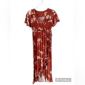 Isabel Maternity Floral Dress Small Orange White Short Sleeve V-Neck Ruffles